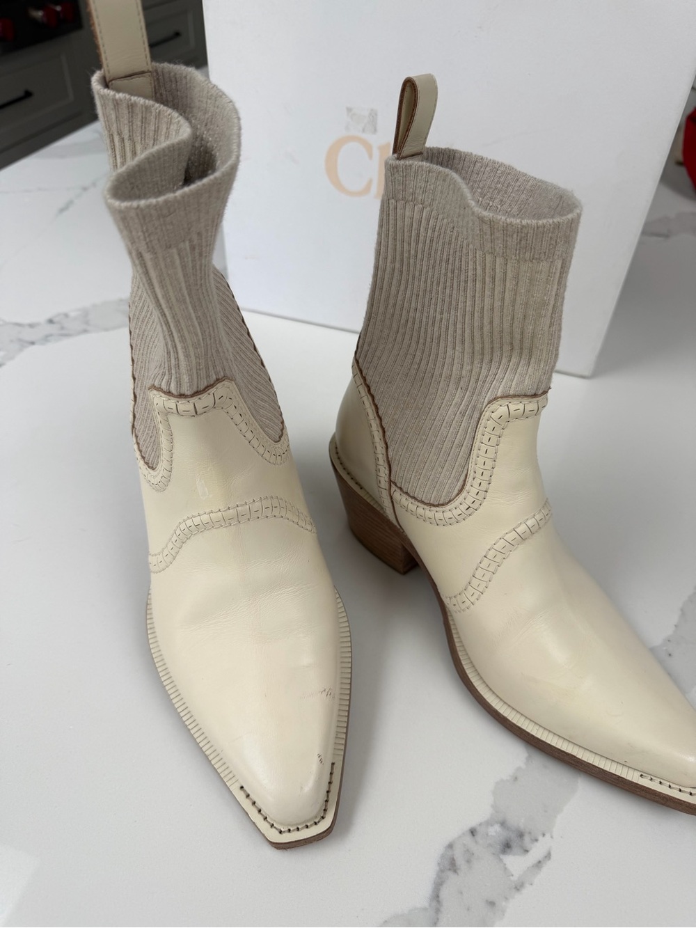 Chloe Cream Leather & Knit Ankle Heeled Boots